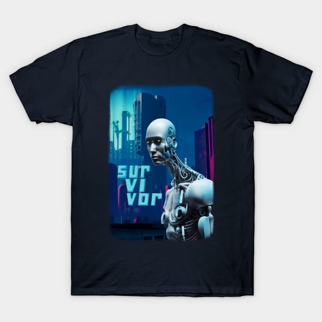 Cyborg Survivor Humanoid Robot in Nuclear City Destruction T-Shirt by BluedarkArt